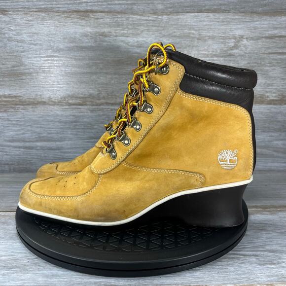 Timberland Women’s Leather Wedge Heel Ankle Booties Boots Wheat Brown Size 6 - Picture 1 of 11